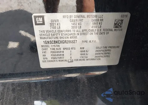 2016 Chevrolet Tahoe Lt z USA, uszkodzony, nr VIN 1GNSCBKCXGR286827